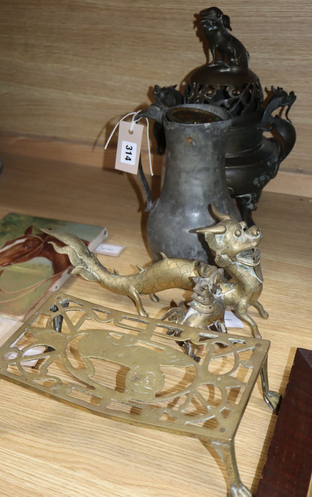 A 19th century Chinese bronze koro, with pierced cover, dragon handles and Dog of Fo finial, Xuande mark and sundry metalware